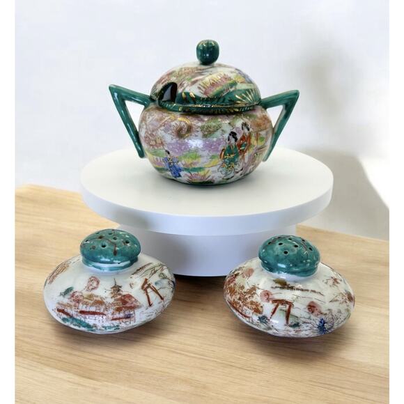 Vintage Geisha Girl Sugar Bowl and S & P Porcelian Green Handles Japan - Picture 1 of 10